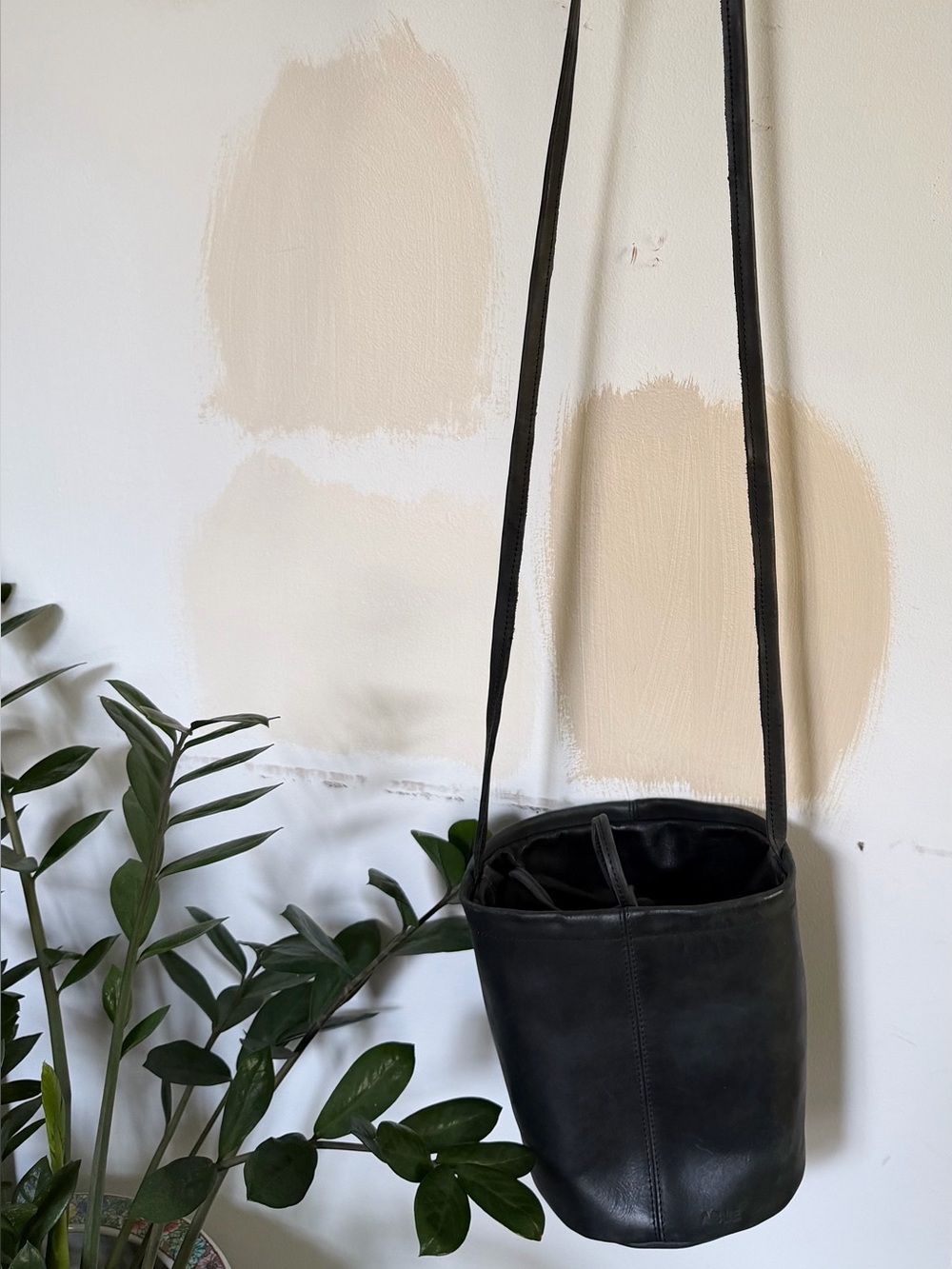 Able Black Leather Bucket Crossbody Bag